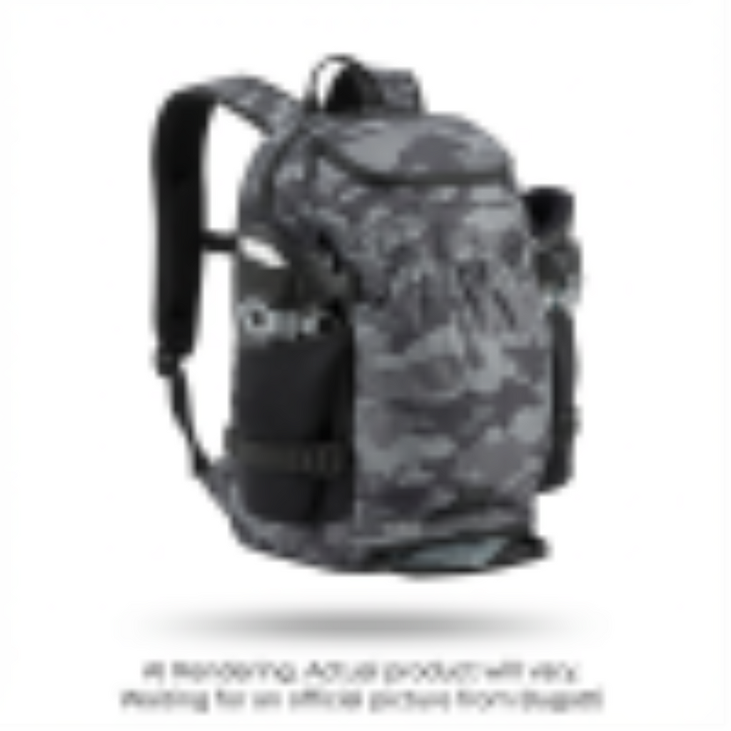Junior Tremblant ski boot backpack in grey camouflage with black side pockets and straps.