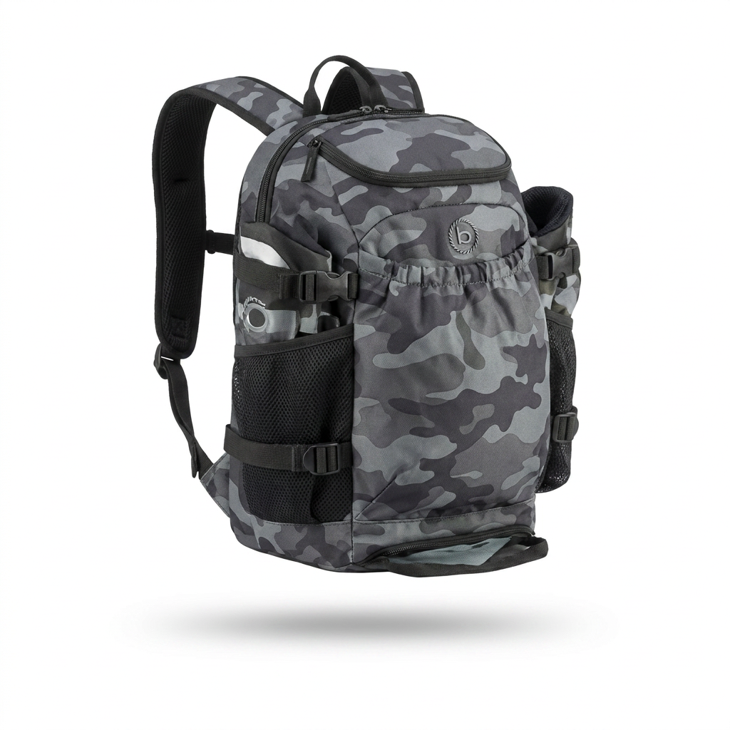 Photorealistic studio image of the Bugatti K&B Sport Junior Tremblant Boot Backpack in grey camo, angled to show the left side, against a pure white background with a soft natural shadow.