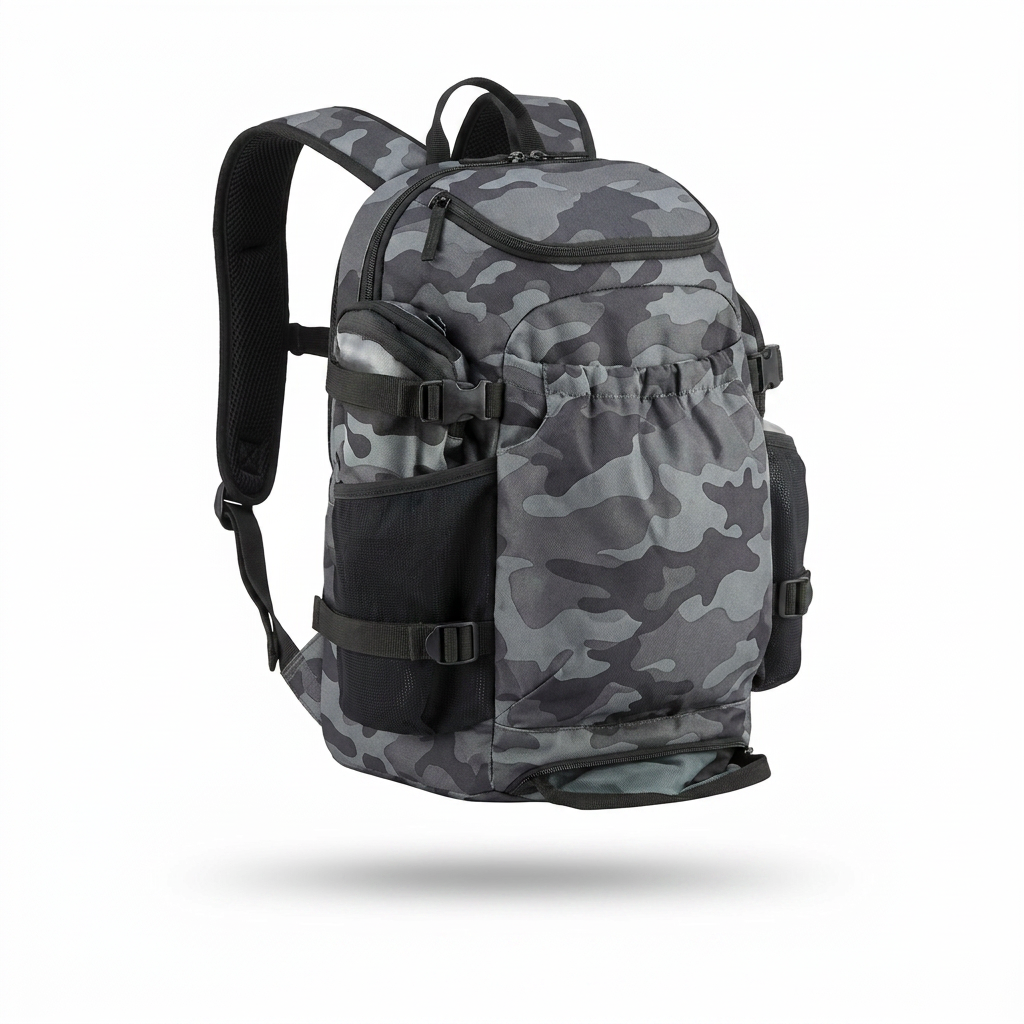 A photorealistic studio product photograph of the Bugatti K&B Sport Junior Tremblant Boot Backpack in grey camouflage, angled to show the right side. It is set against a pure white background with a soft, natural shadow underneath.
