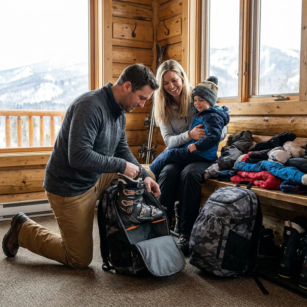 A family in a ski lodge, father packing a boot into the Bugatti grey camo boot backpack, mother and child watching.