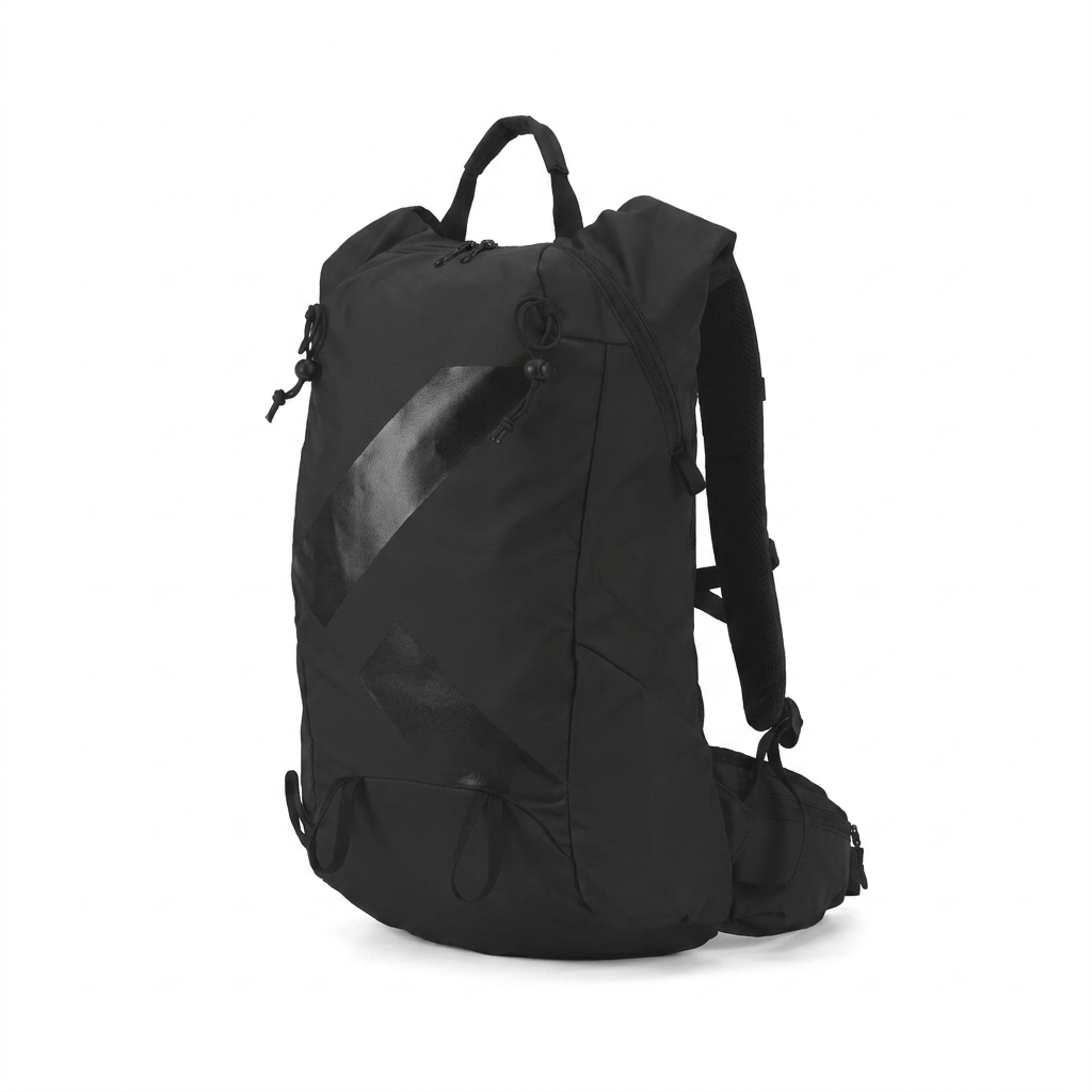 Photorealistic studio product photo of the black Bugatti K&B Sport Rogers Touring Backpack, angled left, on a pure white background with a soft natural shadow.