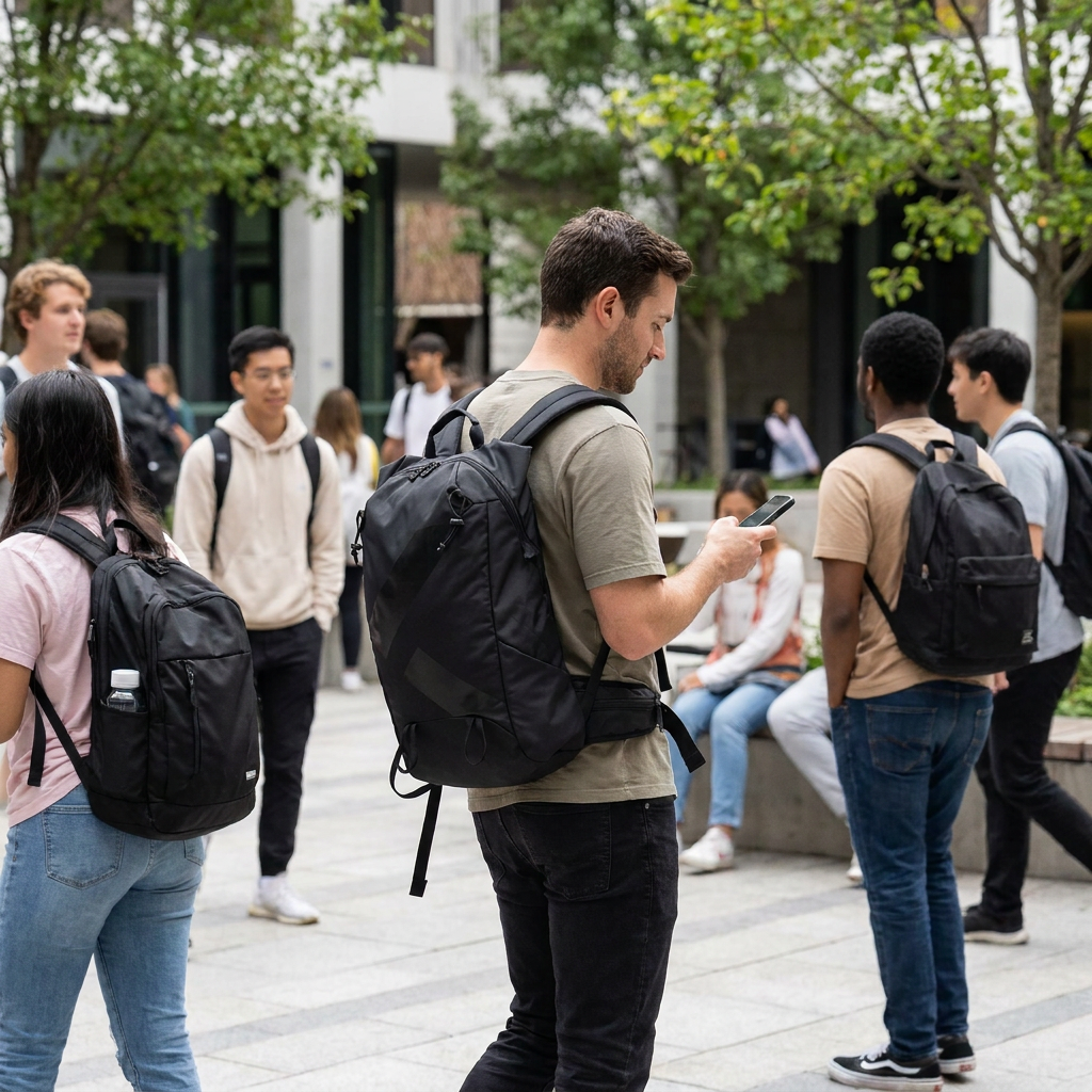 A student walks through a busy campus courtyard wearing the black Bugatti K&B Sport Rogers Touring Backpack.