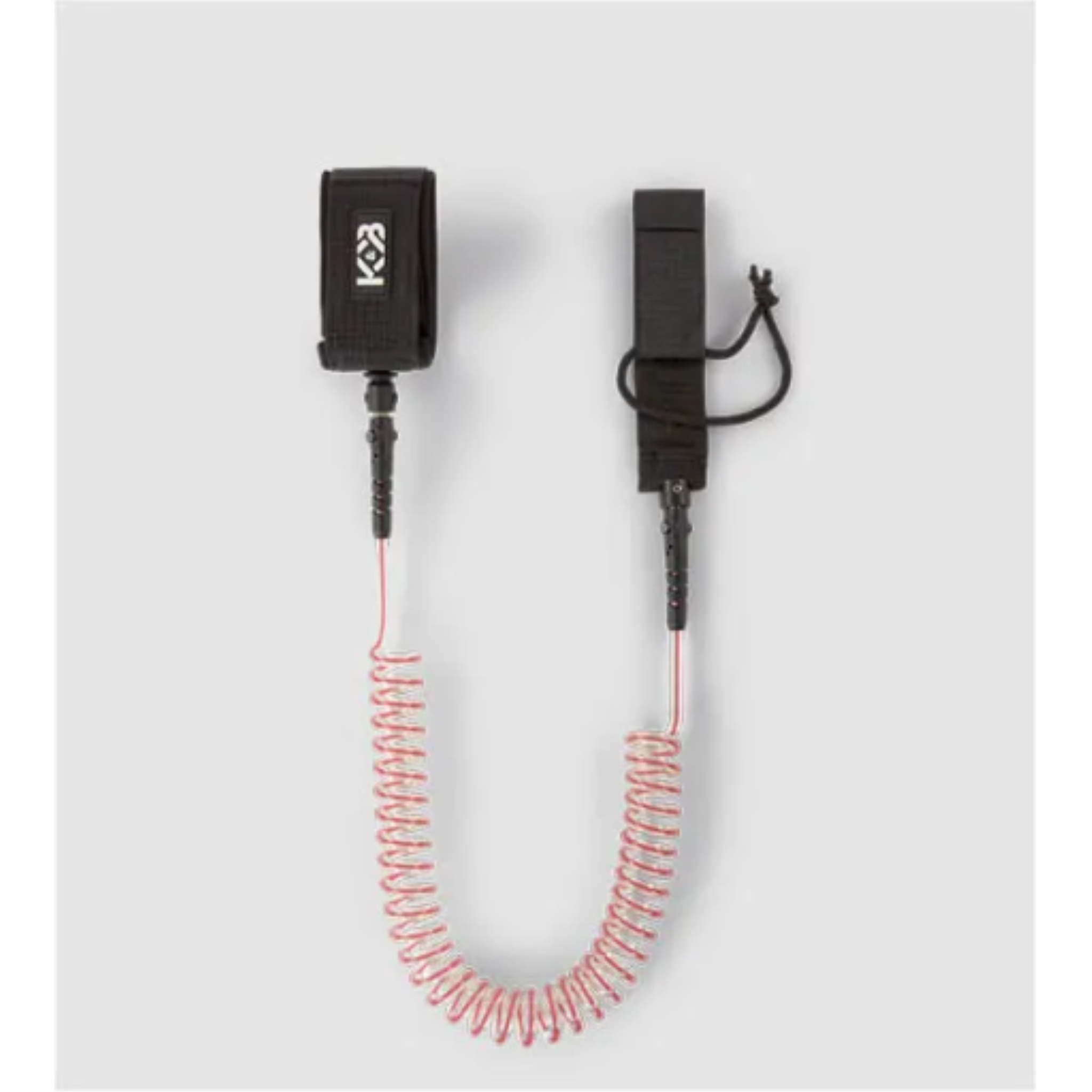 Coiled raspberry pink and white 7mm TPU paddle board leash with black padded ankle cuff.