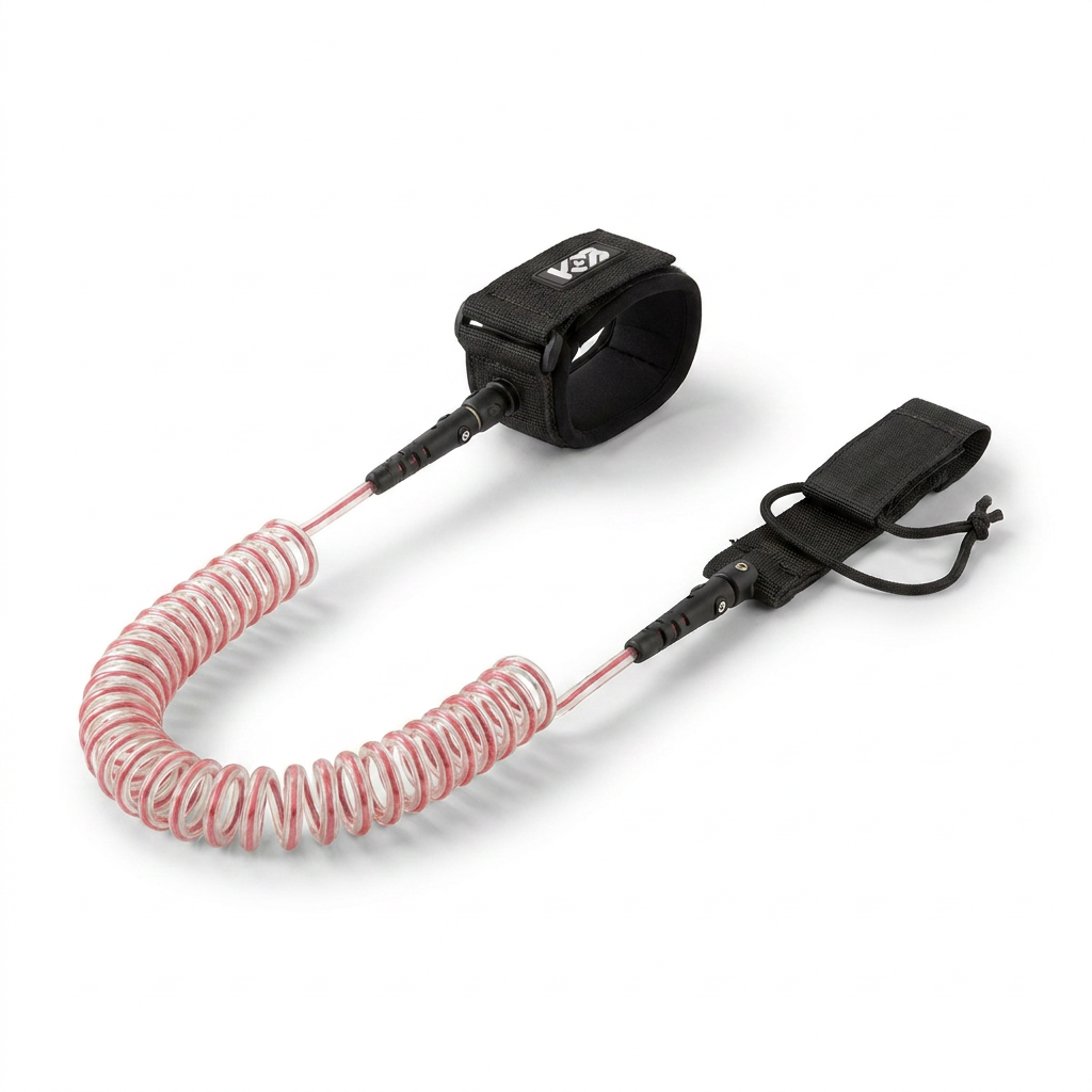 A photorealistic studio product shot of the Bugatti KBO Sport Coiled Paddle Foot Leash in Raspberry, angled to the left against a pure white background with a soft natural shadow.