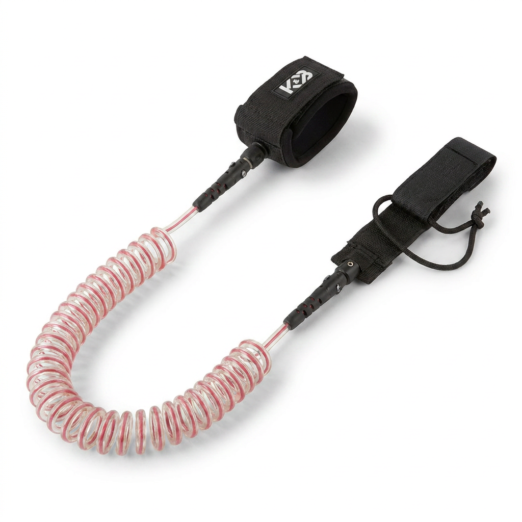 A photorealistic studio product photograph of the Bugatti K&B Sport Coiled Paddle Foot Leash in raspberry and black, angled from the right on a pure white background with a soft shadow.