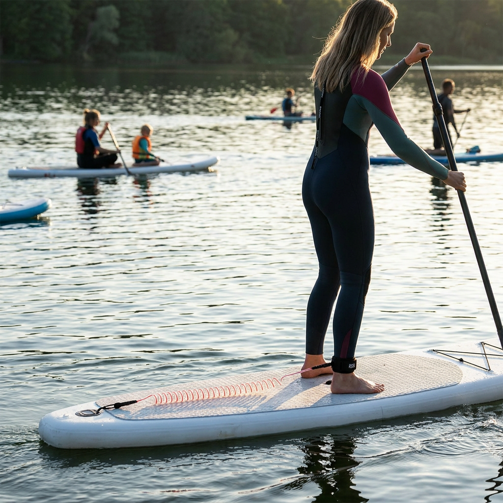 A woman on a paddleboard uses the red coiled Bugatti K&B Sport paddle leash, which is attached to her ankle and the board. The setting is a lake at sunset with other paddlers.