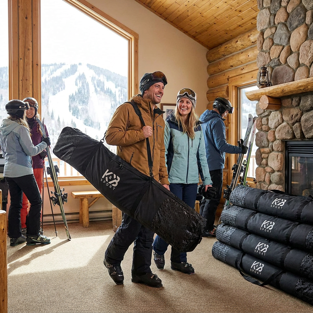 A couple carries the Bugatti K&B Sport ski bag in a busy ski lodge.