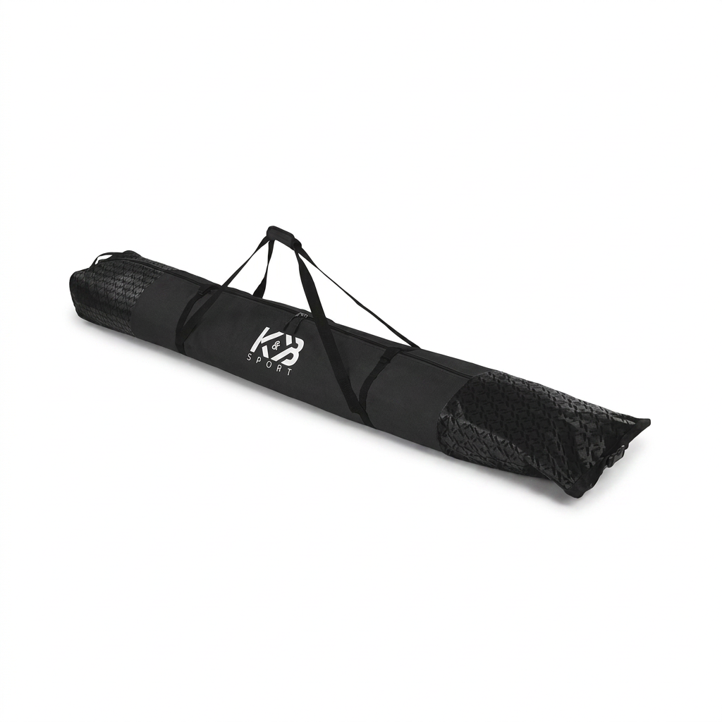 A photorealistic studio photo of the black Bugatti K&B Sport - Double Padded Ski Bag on a pure white background, angled to show the right side.