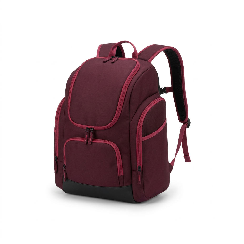 Photorealistic studio product photo of the Bugatti K&B Sport Junior Ski Boot Backpack in burgundy with raspberry trim. The backpack is angled to the left on a seamless white background with a soft shadow.