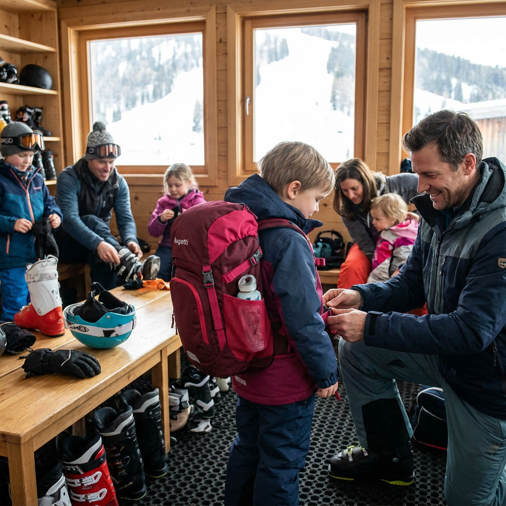 A candid photo of a child and father in a ski lodge preparing for a day on the slopes has been generated. The child is wearing the Bugatti Junior Ski Boot Backpack in burgundy and raspberry to carry their gear. The scene is warm and natural, showing a busy family environment.
