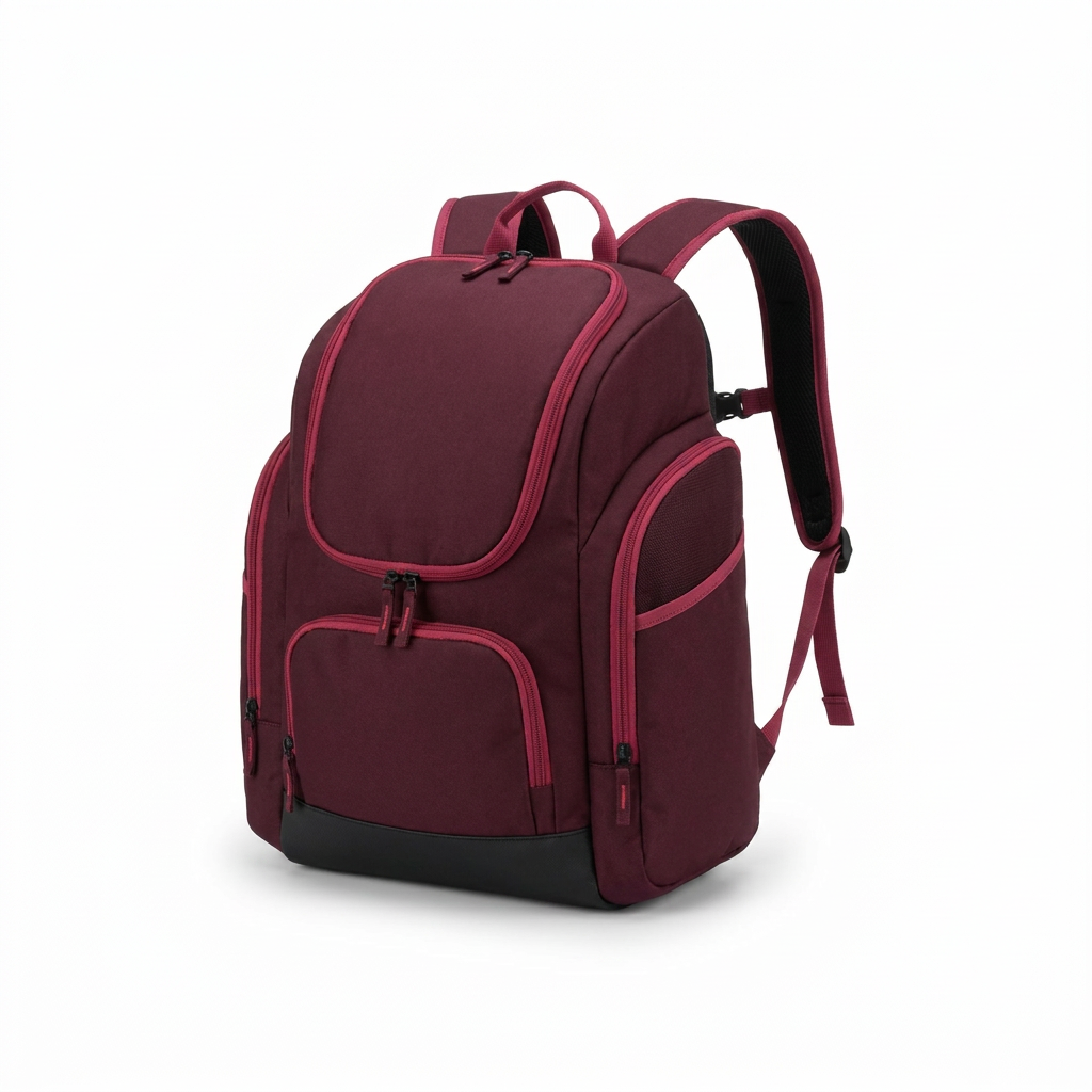 A studio photograph of the burgundy Bugatti Junior Ski Boot Backpack, angled to show its right side and front on a seamless white background with a soft shadow. The bag features raspberry pink piping and zippers, a black base, and black mesh on the side pocket.