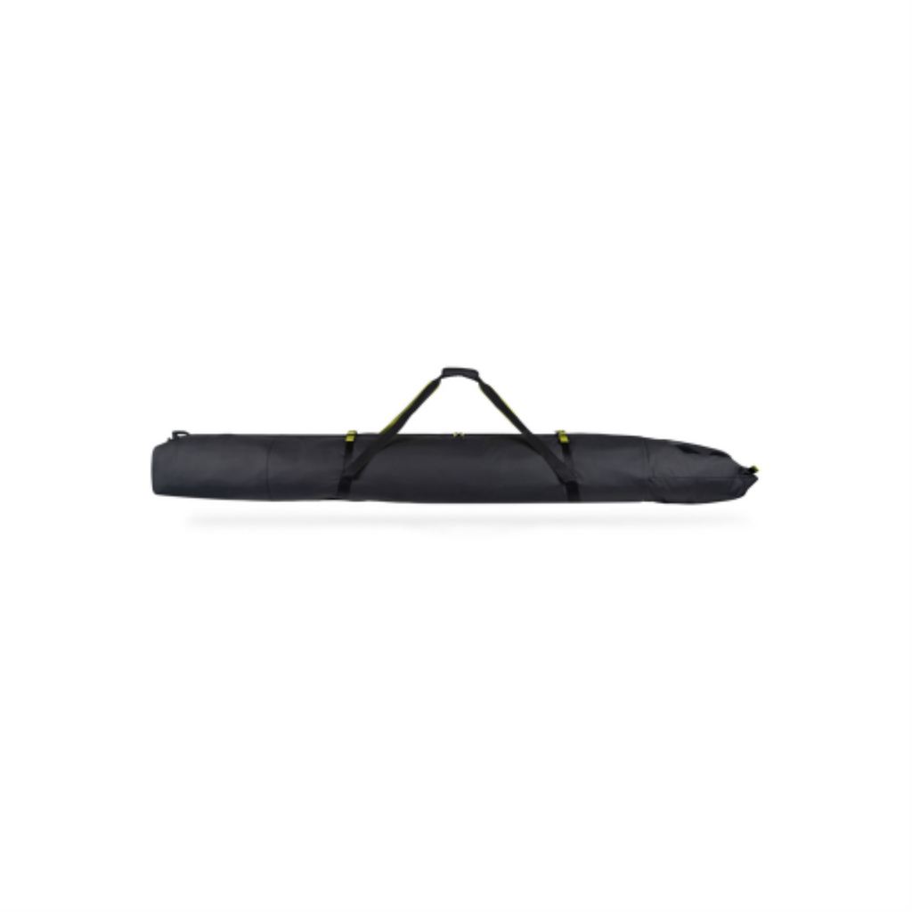 Black padded double ski bag with adjustable length and carrying handles on a white background.