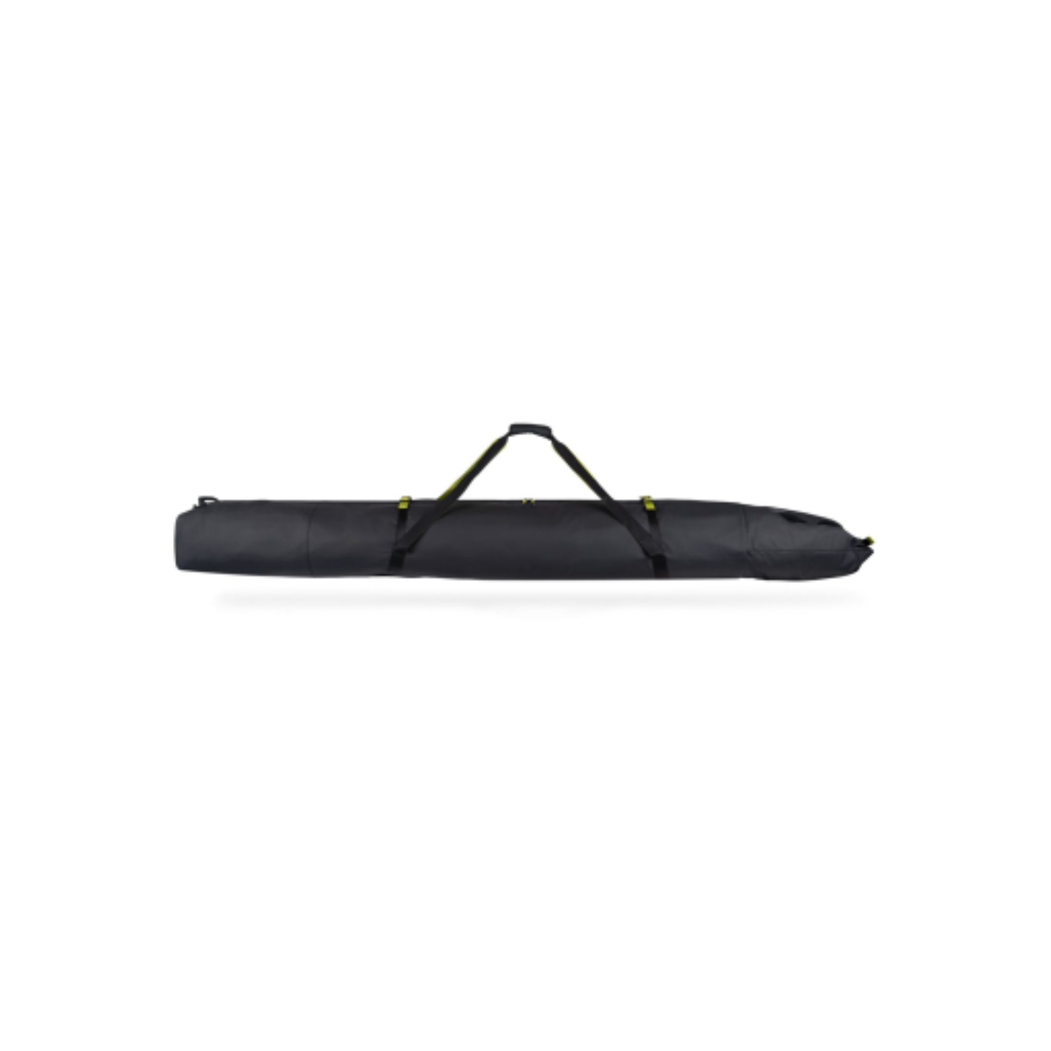 Black padded double ski bag with adjustable length and carrying handles on a white background.