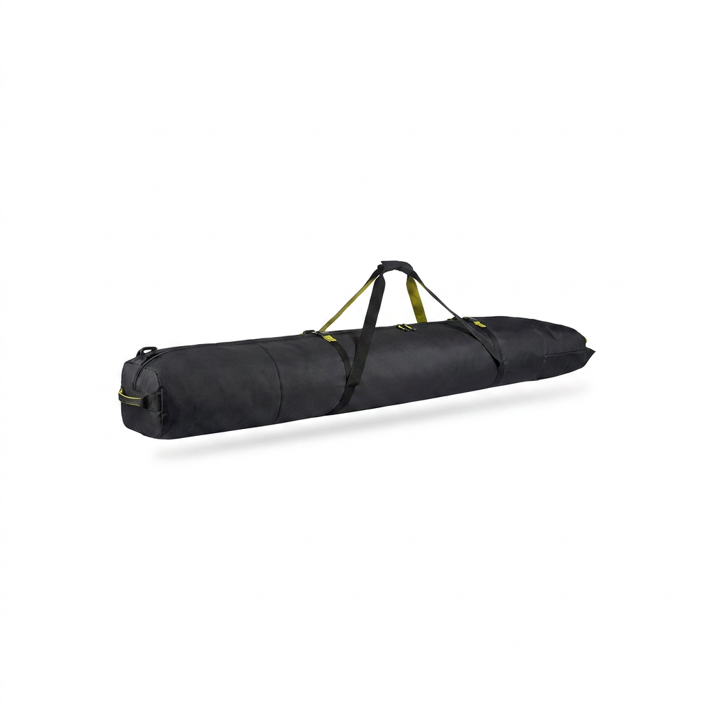 A photorealistic studio product image of the black Bugatti padded double ski bag with yellow accents, angled left on a white background with a soft shadow.
