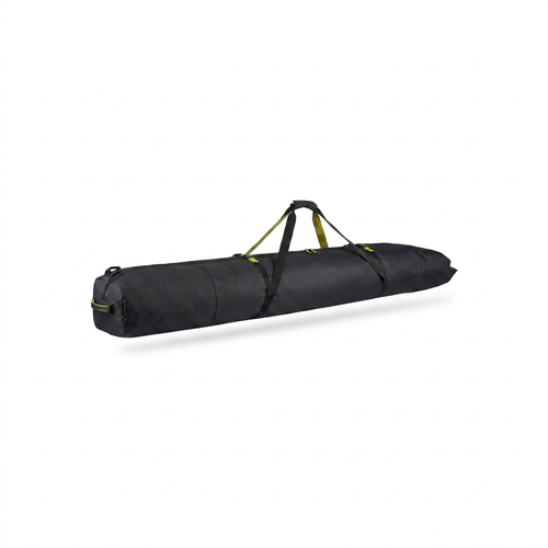 A photorealistic studio product image of the black Bugatti padded double ski bag with yellow accents, angled left on a white background with a soft shadow.