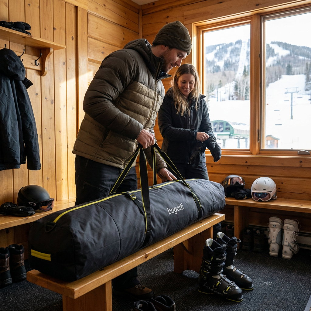 A couple in a ski lodge mudroom packs their gear, with a man holding the black Bugatti ski bag.