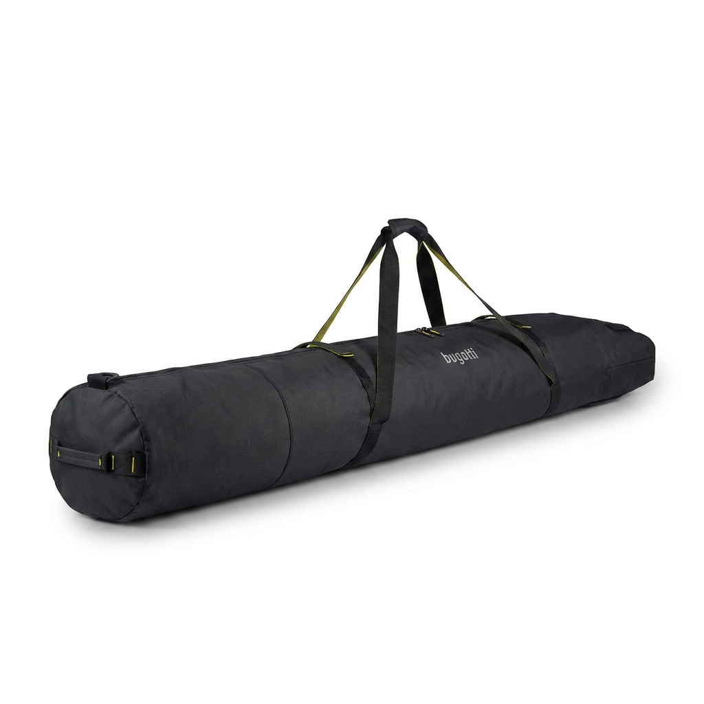 Photorealistic studio product shot of the black Bugatti double ski bag, angled to show the right side profile and logo.