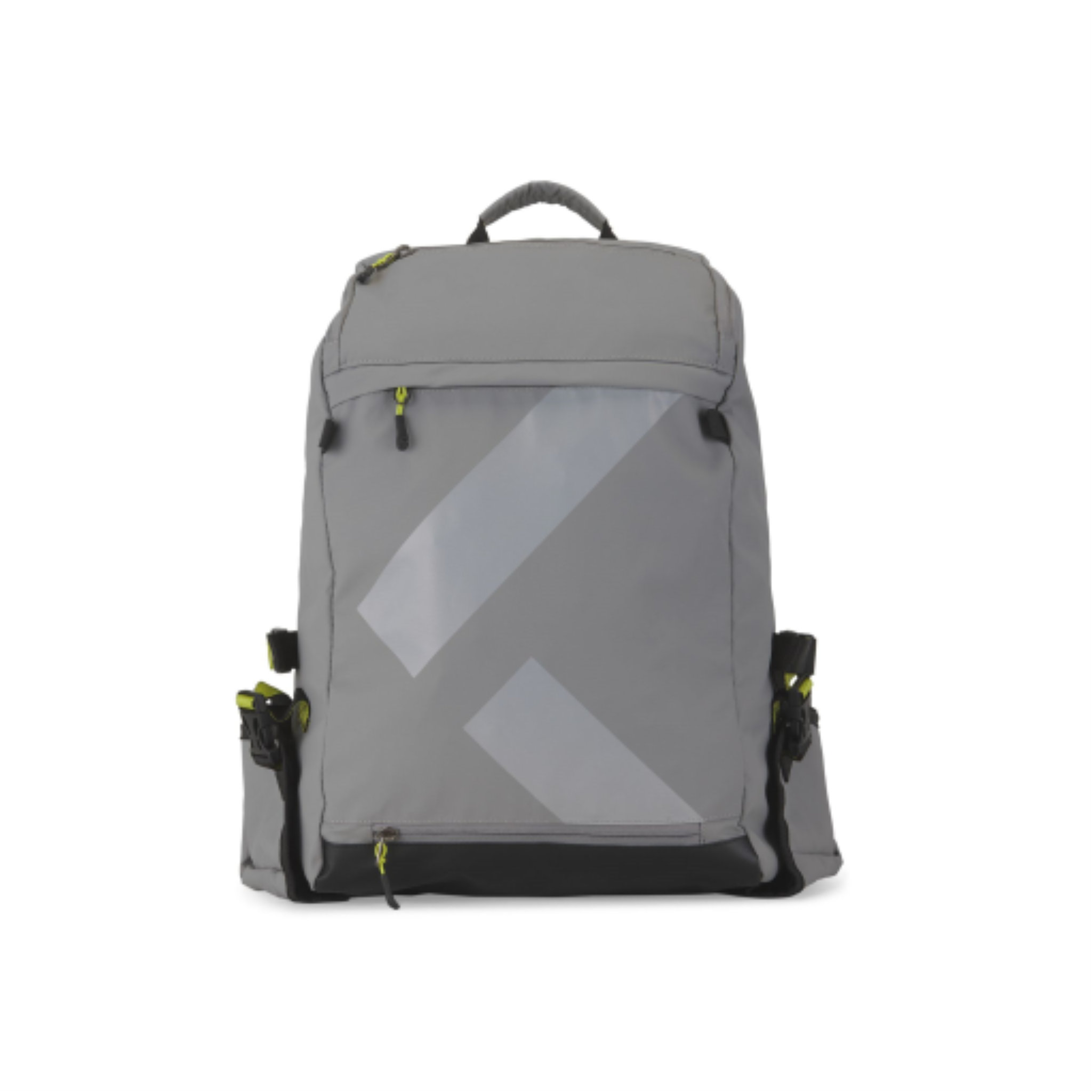 Grey 45L K&B Sport Canmore ski boot backpack with lime green accents and reflective stripes.