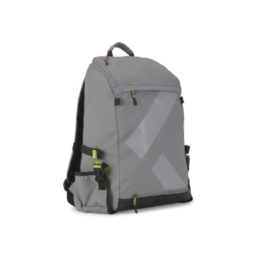 A studio product photo of the grey Bugatti K&B Sport Canmore Boot Backpack, angled to show its left side, on a white background with a soft shadow.