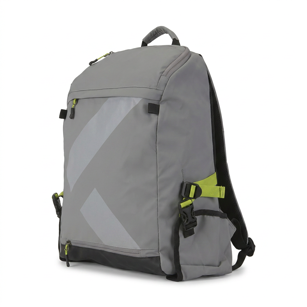 A photorealistic studio angle view of the grey Bugatti K&B Sport Canmore Boot Backpack, highlighting its right side with lime green buckles, black zippers, and reflective stripes.