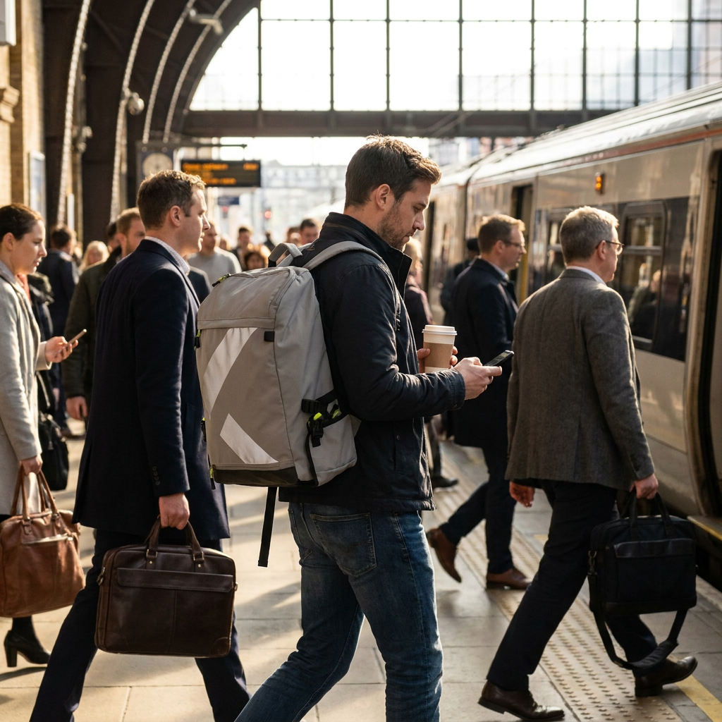 A man uses the Bugatti K&B Sport Canmore Boot Backpack - Grey in a busy train station.