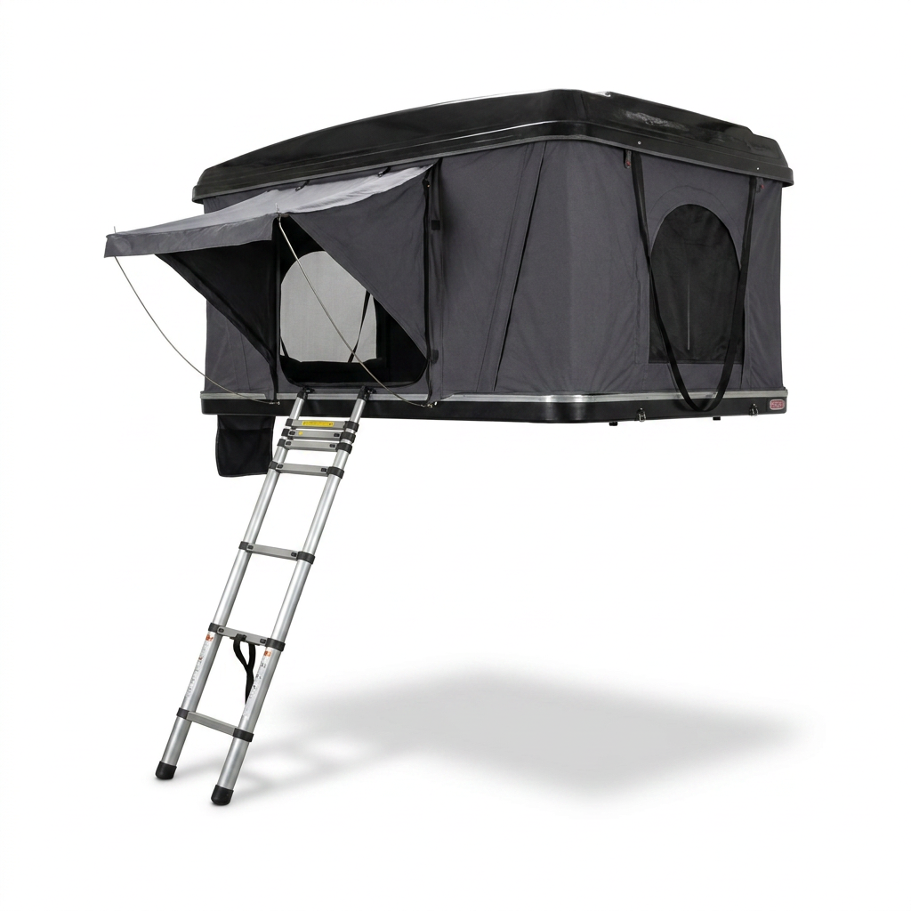 A photorealistic studio product photograph of the charcoal Bugatti K&B Sport - The Suite rooftop tent on a white background with a soft shadow.