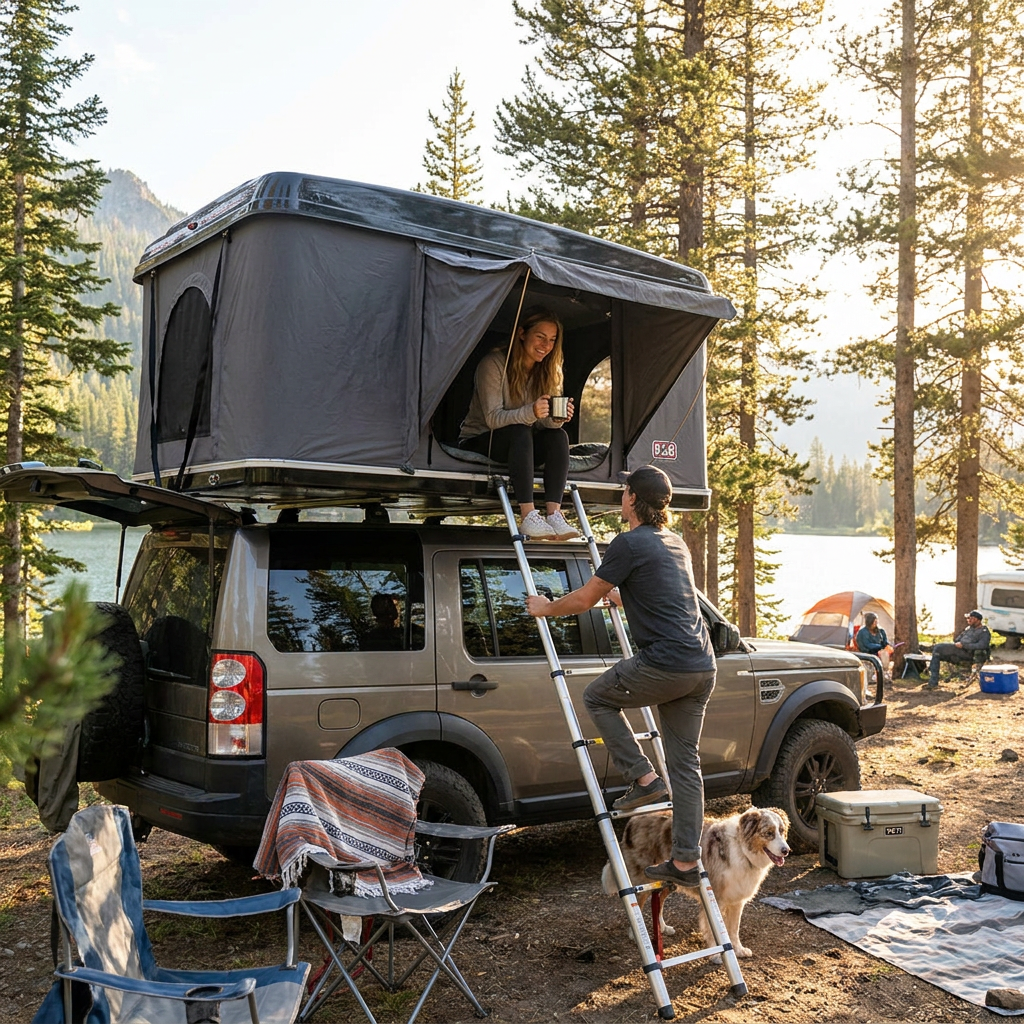 A lifestyle photograph showing a couple and their dog enjoying a camping trip with the Bugatti K&B Sport roof top tent by Room 1916 in Charcoal on their SUV, set in a lakeside mountain campsite.