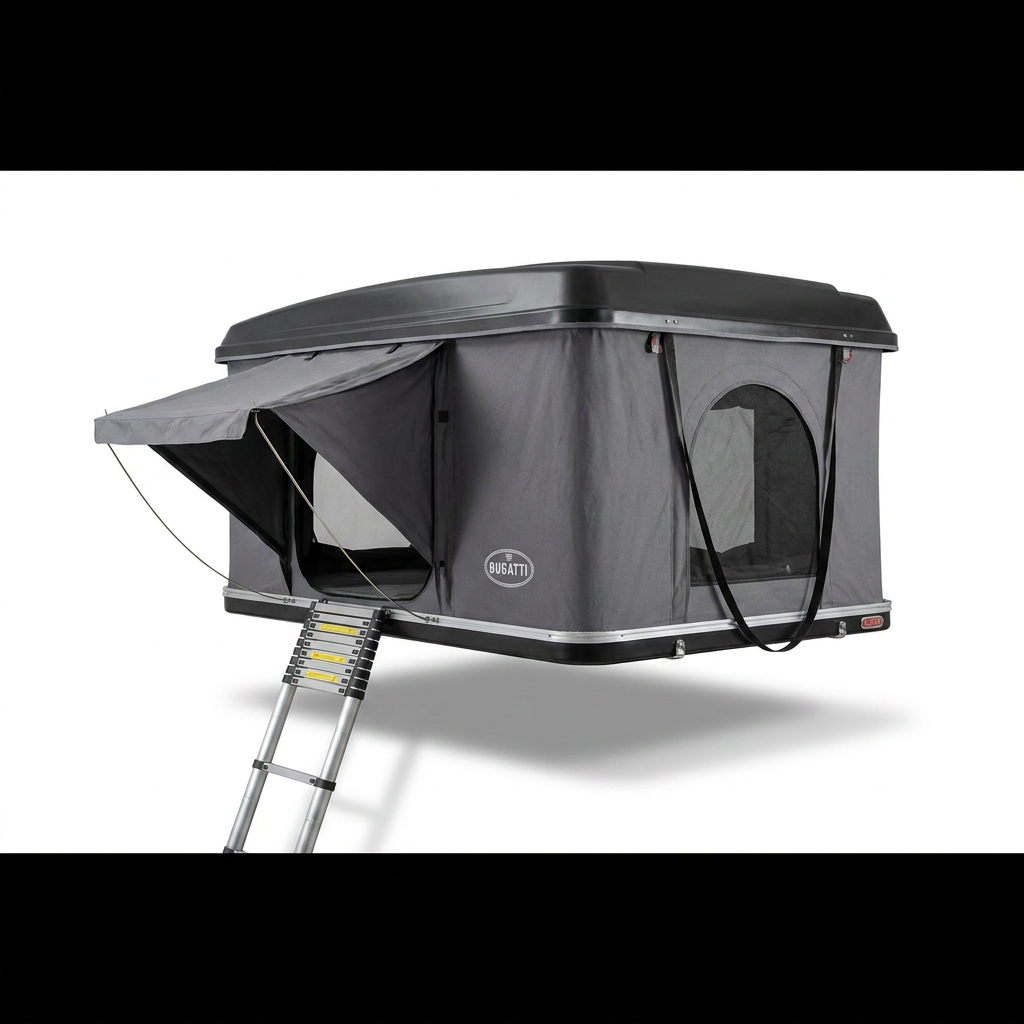 The image is a studio photograph of the Bugatti K&B Sport rooftop tent, shown in charcoal grey. The deployed tent body and telescoping ladder are isolated on a pure white background, with a soft shadow beneath. The angle highlights the right side and front entrance, showing the fabric, windows, and Bugatti logo.