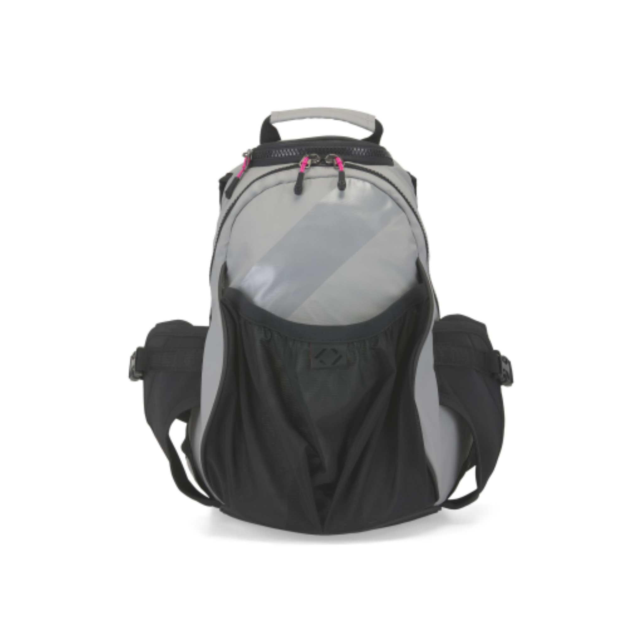 A grey and black K&B Sport Junior Tremblant ski boot backpack with pink zipper accents.