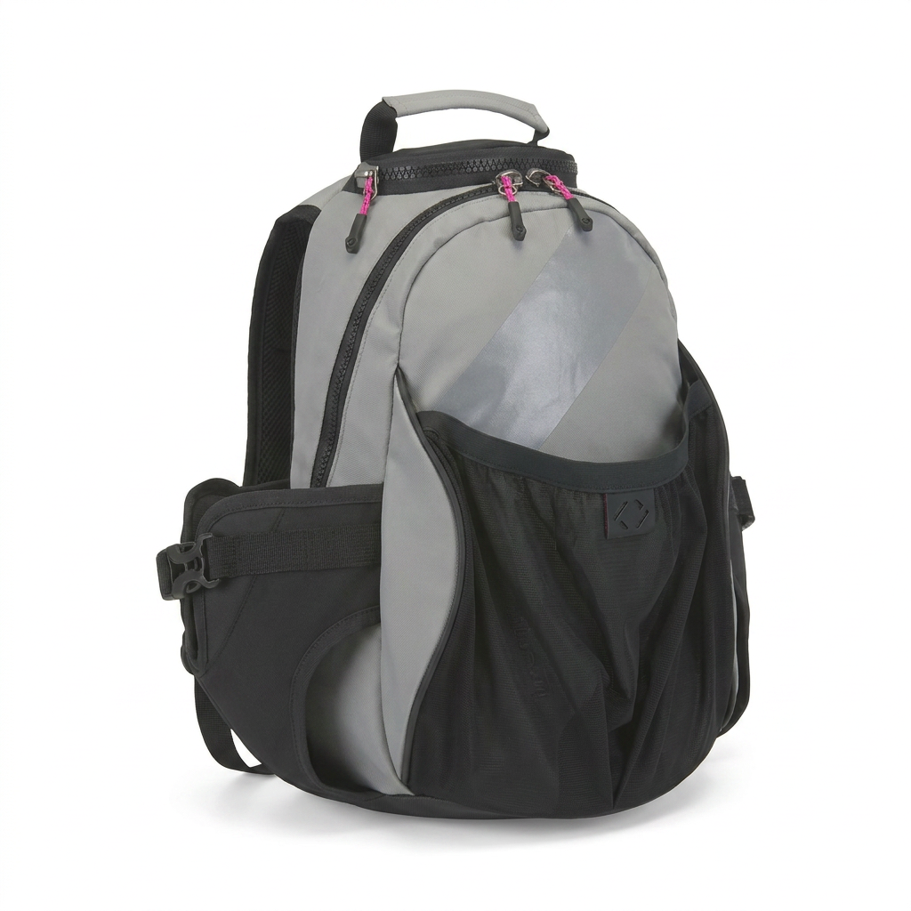 A photorealistic studio photograph of the grey Bugatti K&B Sport Junior Tremblant Boot Backpack, angled left on a white background.