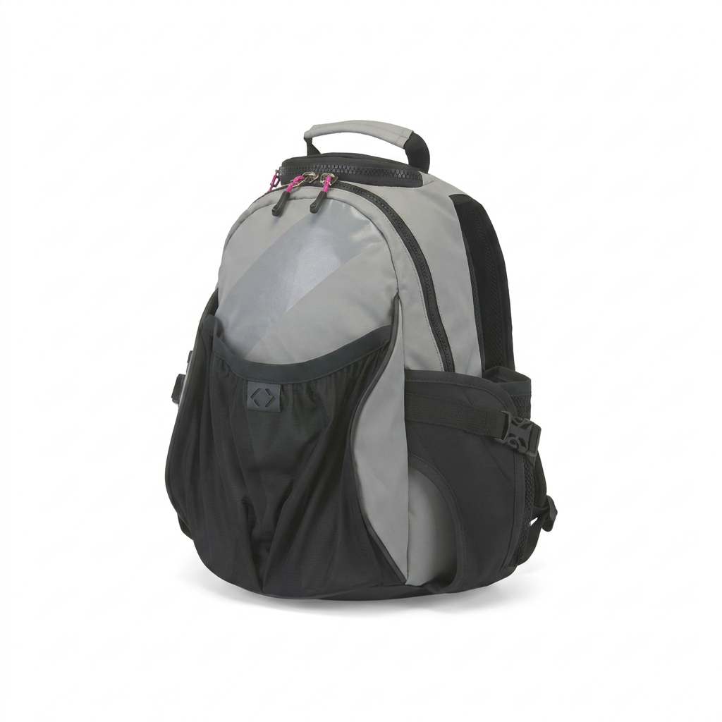 A photorealistic studio photograph of the Bugatti K&B Sport Junior Tremblant Boot Backpack in grey, angled to show its right side. The silver reflective panel, black mesh pocket, and pink zipper pulls are visible against a pure white background with a soft shadow.