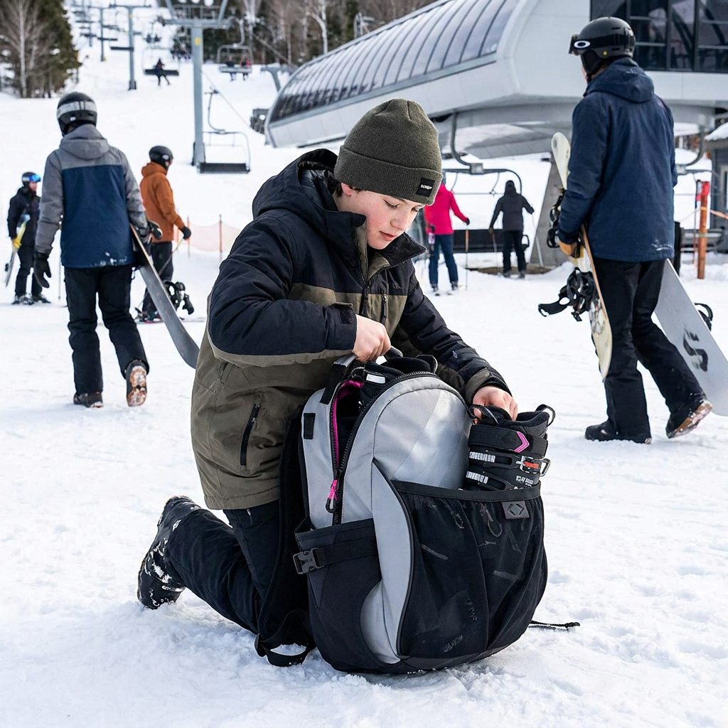 A young person in ski gear uses the grey Bugatti boot backpack to store boots at a snowy ski resort.