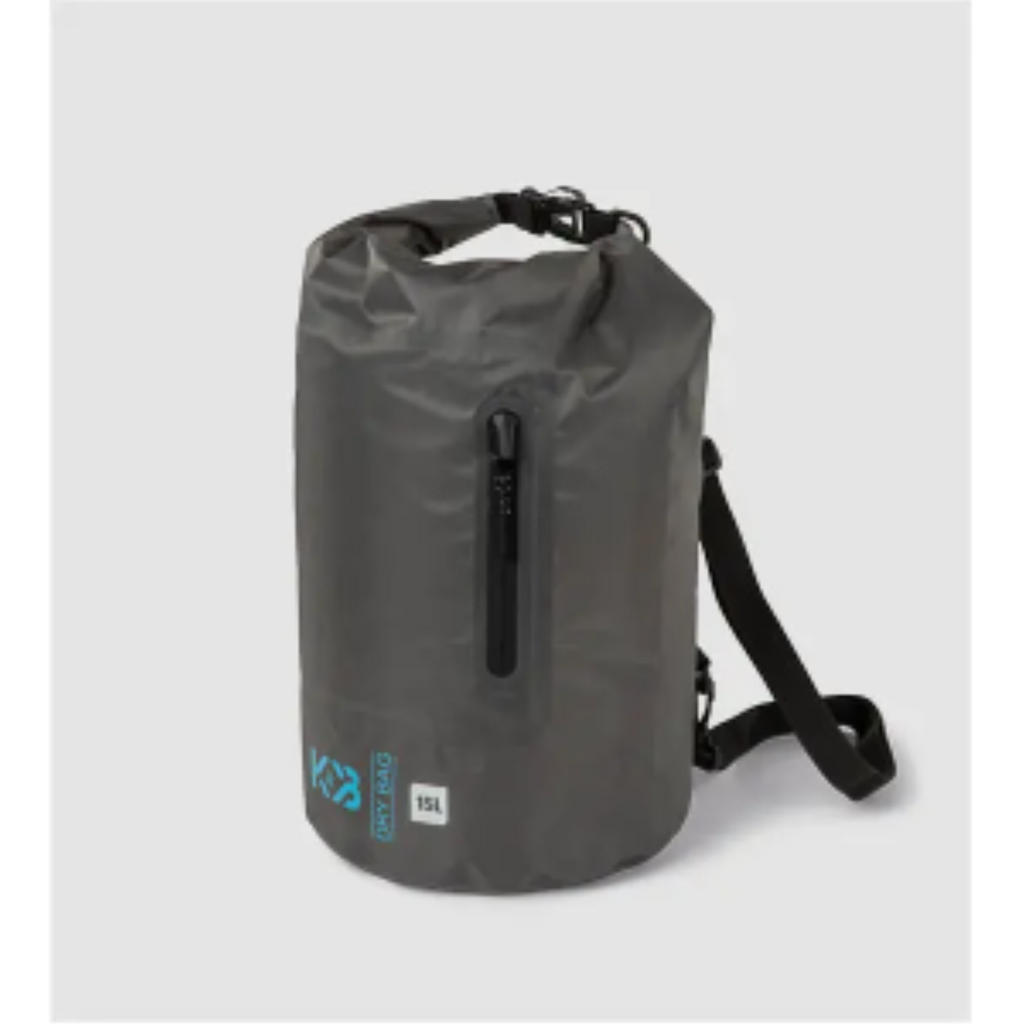 K&B Sport Ripon 15L charcoal waterproof ripstop dry bag with roll-top closure and front zipper.