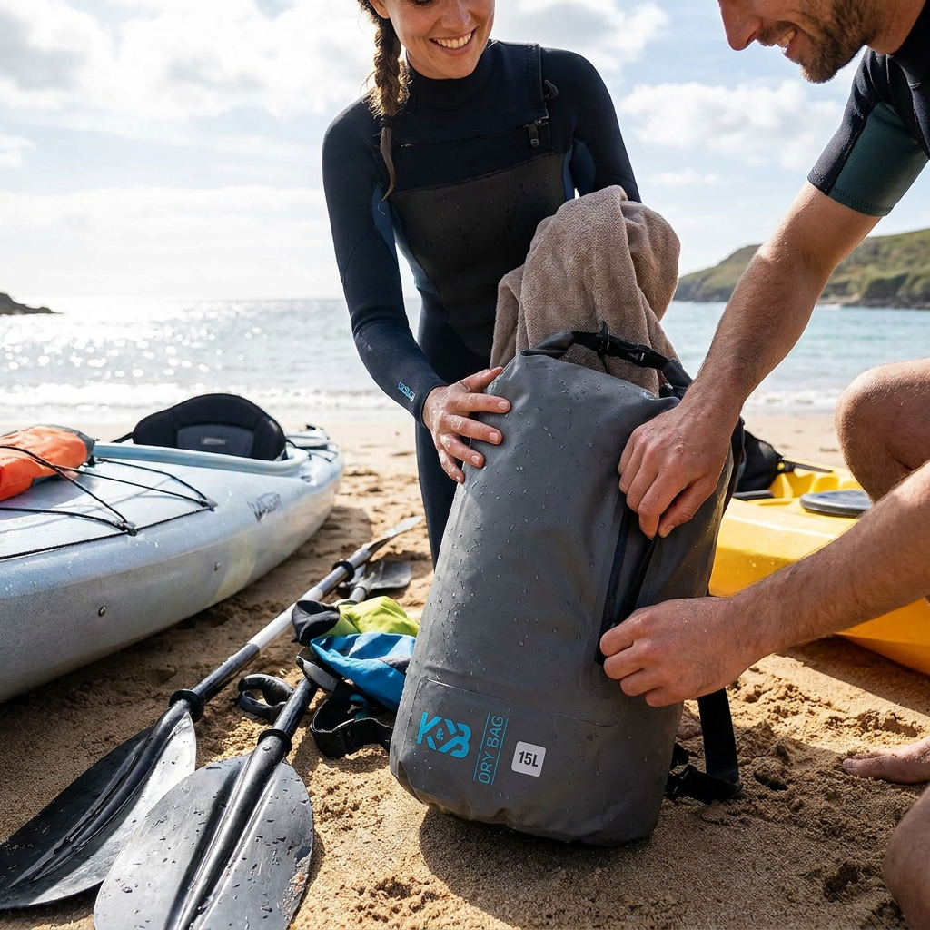 A couple in wetsuits on a beach unpacks the grey Bugatti dry bag after kayaking. The bag is wet and sandy.