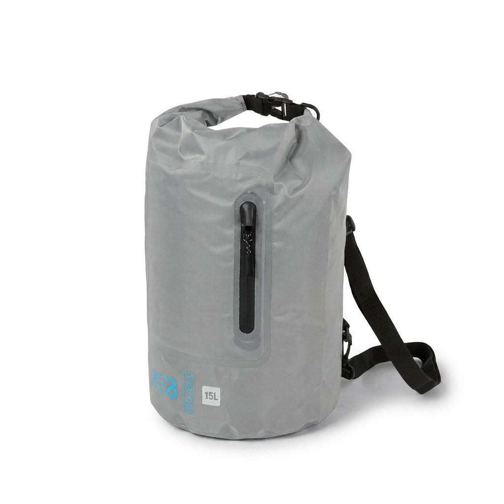 Photorealistic studio photograph of the grey K&B Sport Ripon Dry bag 15L, angled right on a white background.