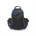Blue and black K&B Sport Junior Ski Boot Backpack with waterproof compartments and mesh pockets.