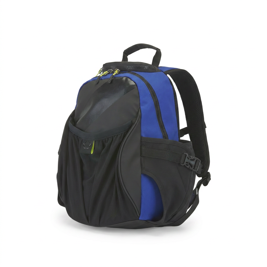 Photorealistic studio photograph of the Pugatti K&B Sport Junior Tremblant Boot Backpack in black and blue, angled to view the left side, centered on a pure white background with a soft natural shadow.