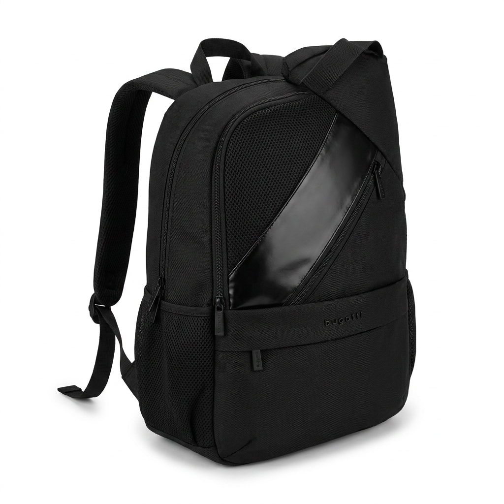 A photorealistic studio photograph of the black Bugatti K&B Sport Junior Tremblant Boot Backpack, angled right on a white background.
