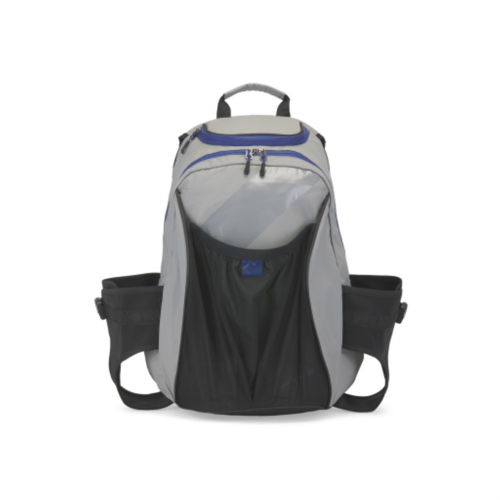 Grey and blue Tremblant 45L waterproof ski and snowboard boot backpack with black mesh pocket.