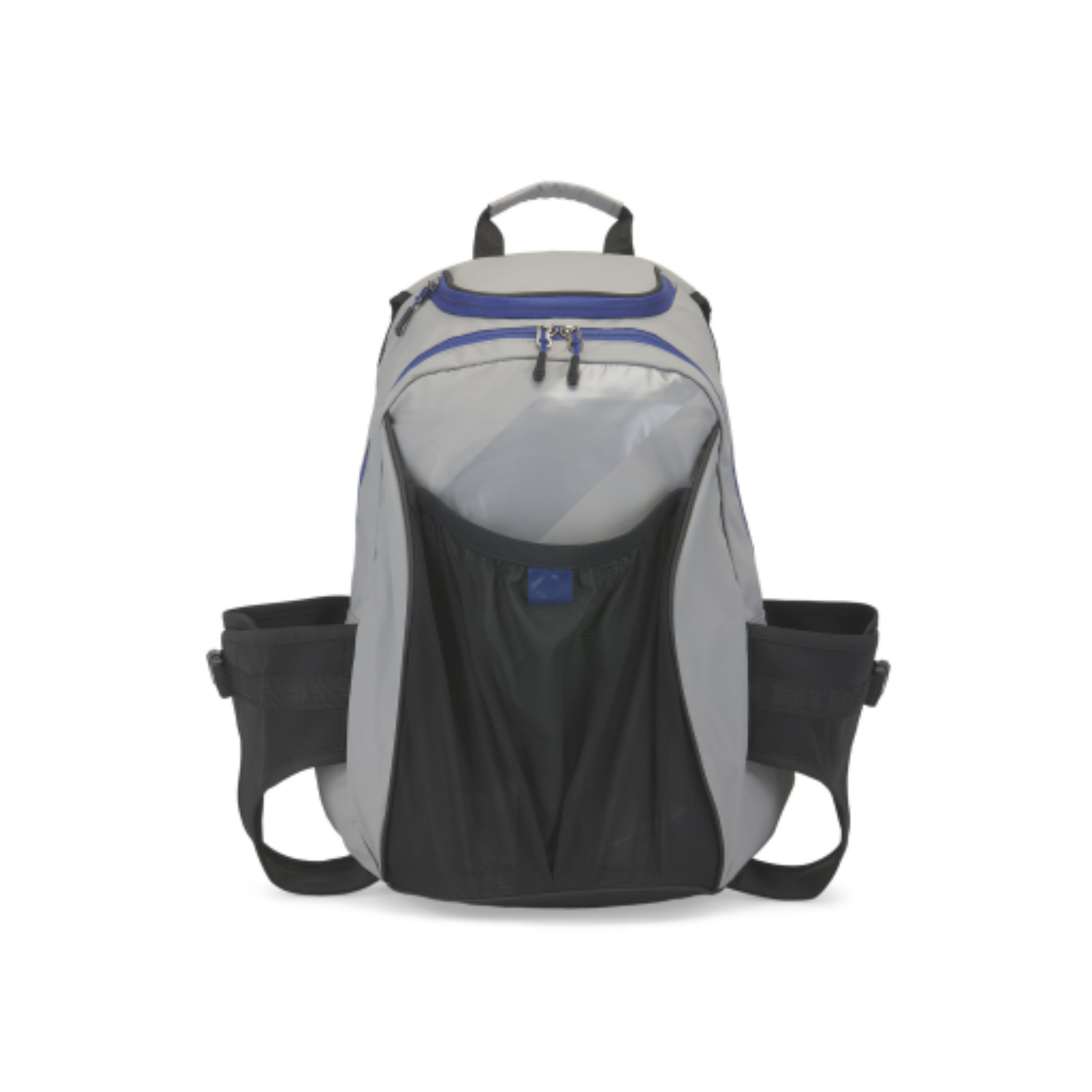 Grey and blue Tremblant 45L waterproof ski and snowboard boot backpack with black mesh pocket.