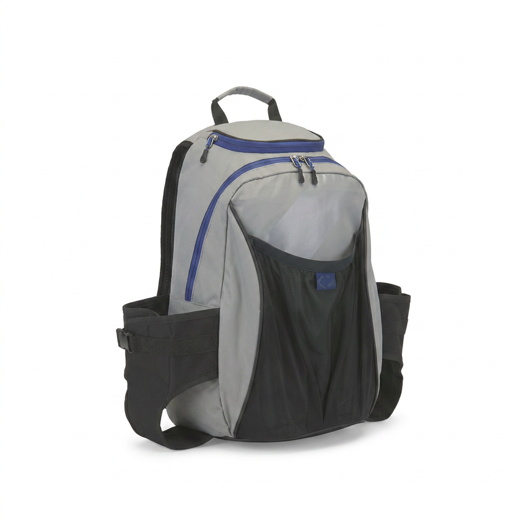 A photorealistic studio photograph shows the Bugatti K&B Sport Tremblant Boot Backpack - Grey angled towards the left on a pure white background. The grey fabric, blue zippers, black mesh front pocket, and side boot holders with straps are clearly visible. It casts a soft, natural shadow below.