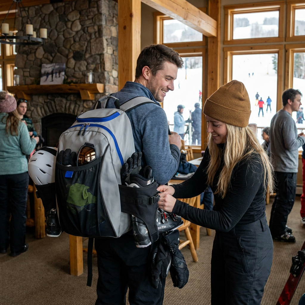 A couple in a busy ski lodge uses the grey Bugatti boot backpack, showing a ski boot and helmet packed into the side and front holders.