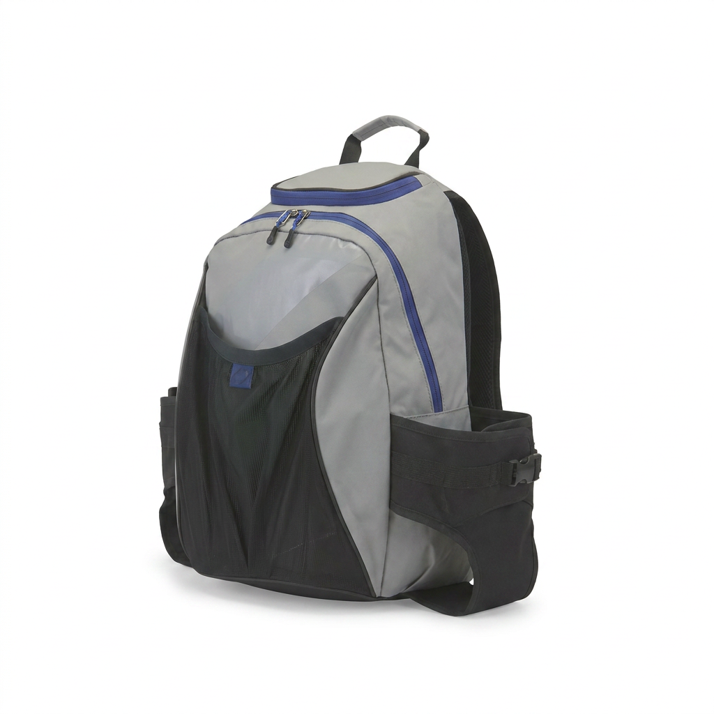 A studio product photograph of the grey and black Bugatti K&B Sport Tremblant Boot Backpack, angled to show the right side boot carrier and front mesh pocket on a white background.