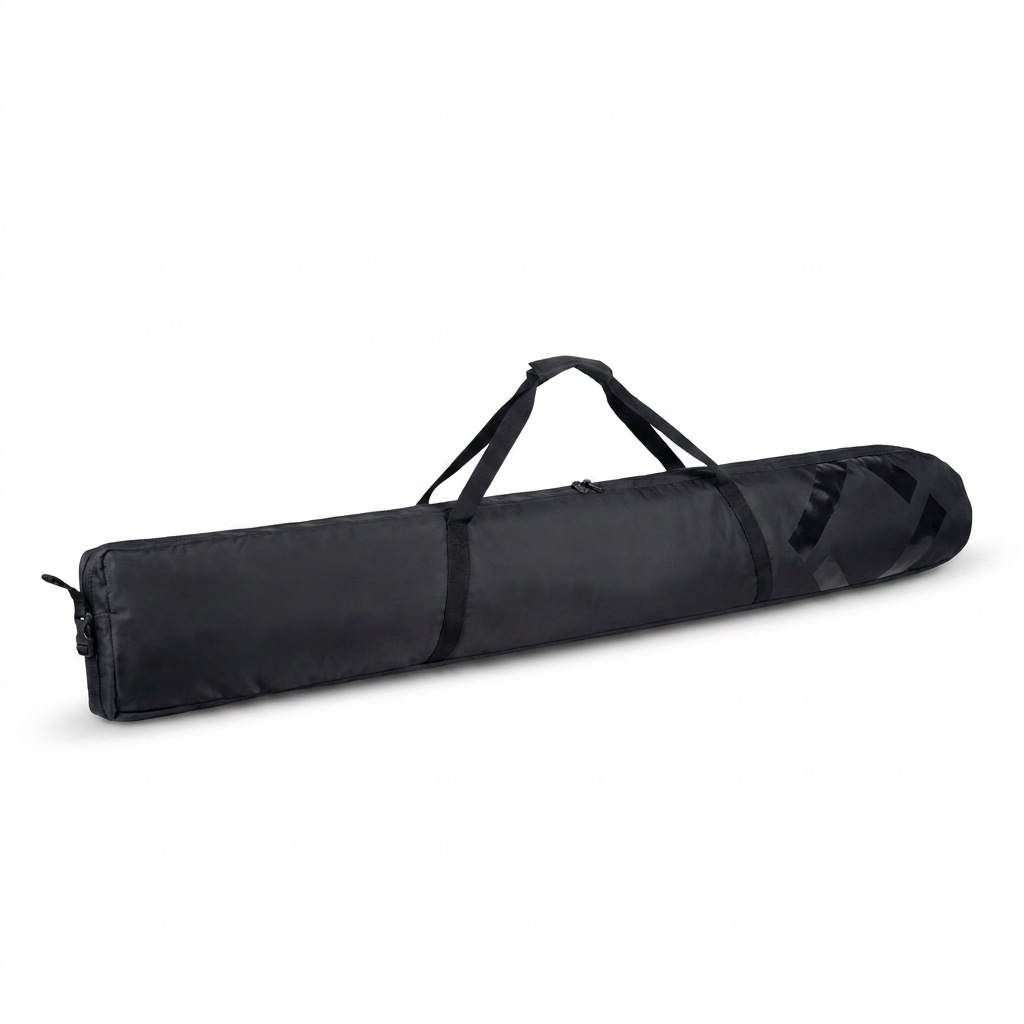 Photorealistic studio shot of the black Bugatti K&B Sport Half Padded Ski Bag, angled to show the right side and pattern, with soft shadow on a white background.
