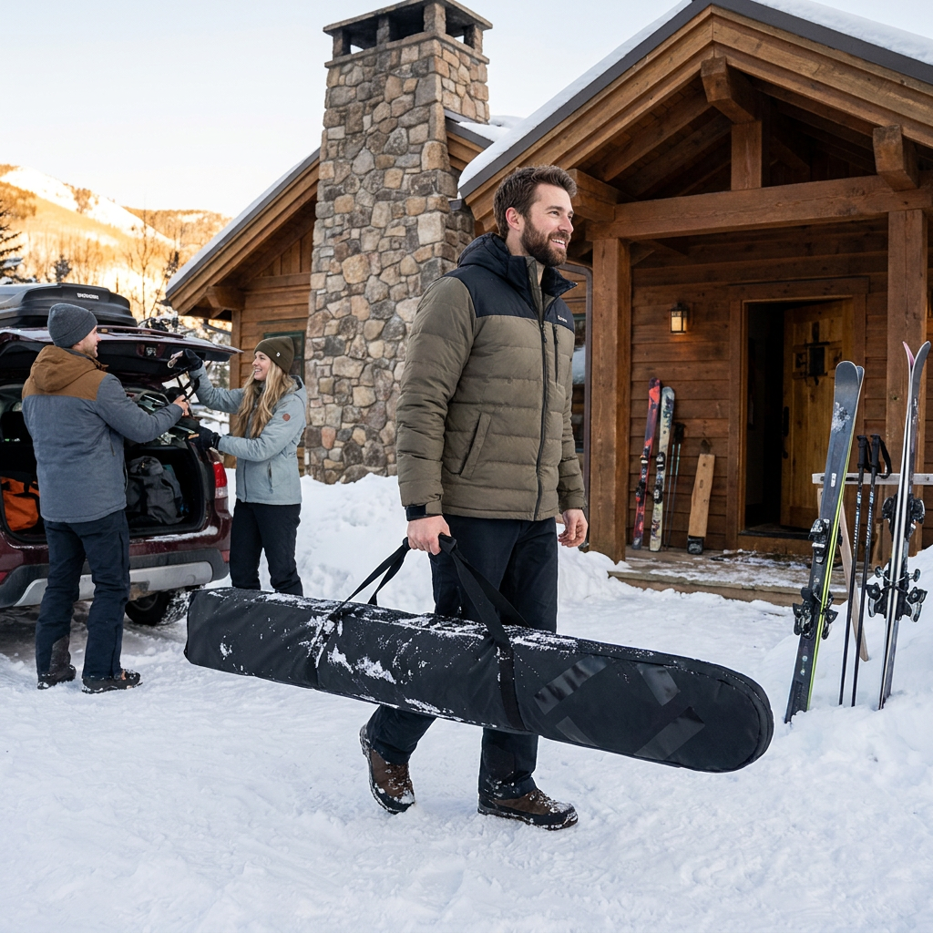 Man carries black Bugatti ski bag to a mountain lodge with friends unloading gear from an SUV, showing the product in use.