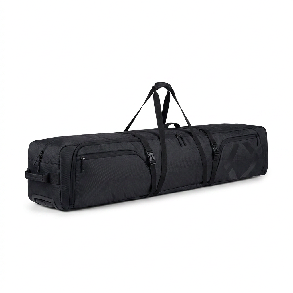 Photorealistic studio image of the black Bugatti double ski bag on wheels, angled towards the left on a white background.