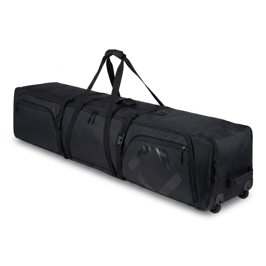 A photorealistic studio photograph of the black Bugatti double ski bag on wheels, angled to show its right side and length against a pure white background with a soft natural shadow.