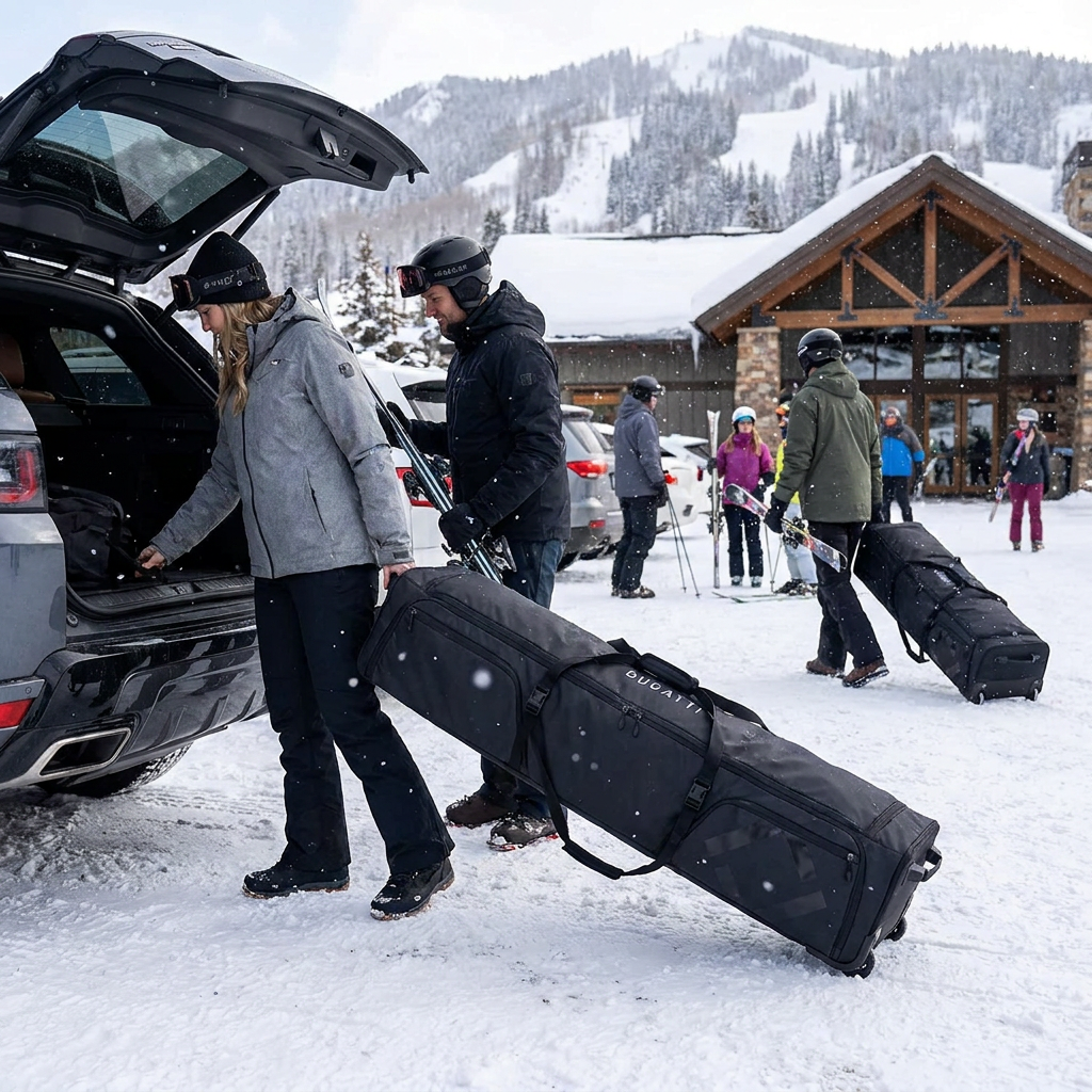 Two people at a ski resort unload a black Bugatti ski bag on wheels from a car trunk, while another person wheels a matching bag nearby.