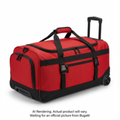 Red Bugatti K&B Sport 29-inch rolling duffle bag with black straps and wheels.