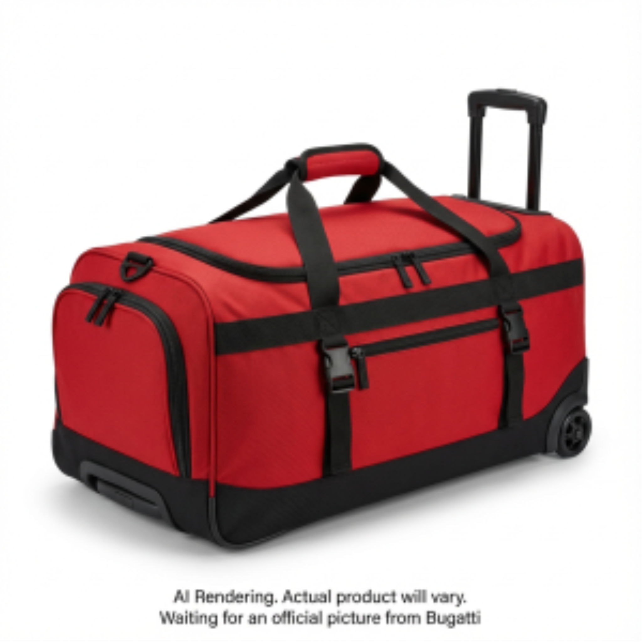 Red Bugatti K&B Sport 29-inch rolling duffle bag with black straps and wheels.